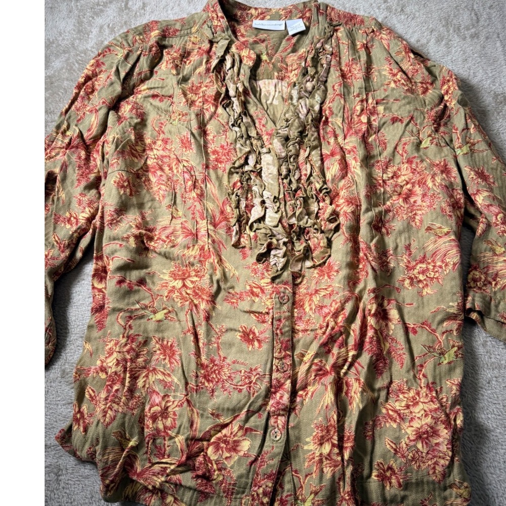 Soft Surroundings Floral Ruffle Front Rayon Top L Autumn Romantic Shabby Chic